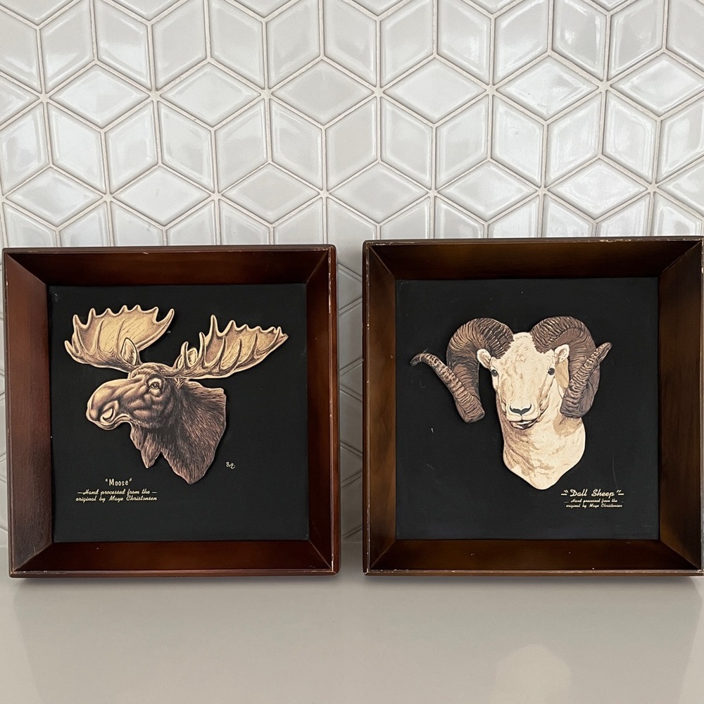 VINTAGE Lot of 2 Framed Paper Art Pictures 3D Moose Dall Sheep Maye Christensen
